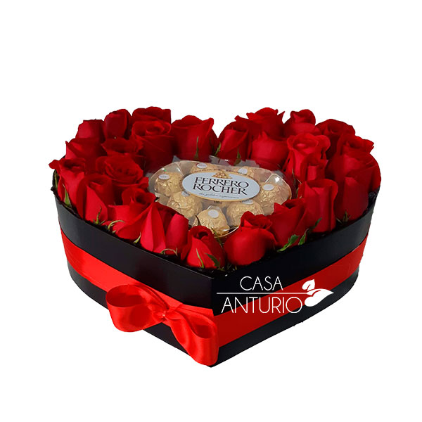  Regalo para el día de San Valentín Caja de bombones de avellana  Ferrero Rocher Caja de 48 unidades, Terciopelo artificial y ramo de flores