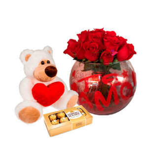 Pecera yo te amo con rosas, peluche y chocolates