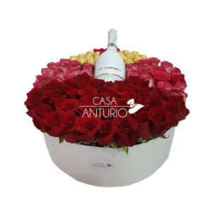 Caja Circular con Rosas, Chocolates y Vino
